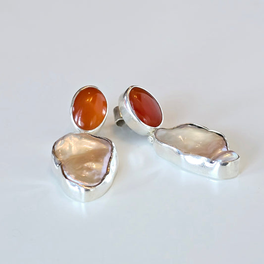 Carnelian Agate and Baroque Pearl Earrings